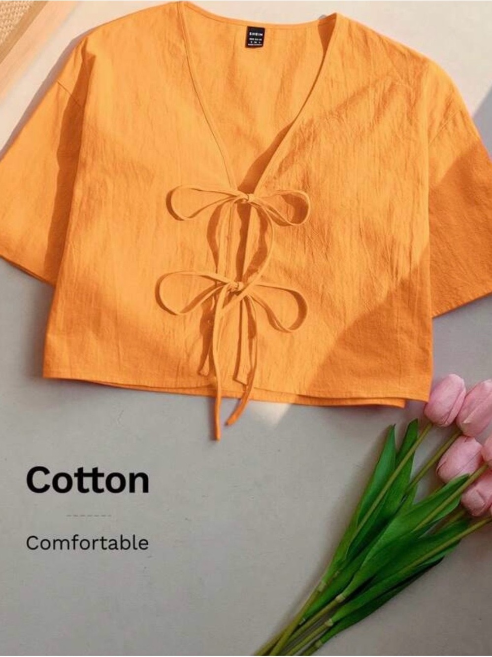 SHEIN Orange Tie-Front Cotton Crop Top